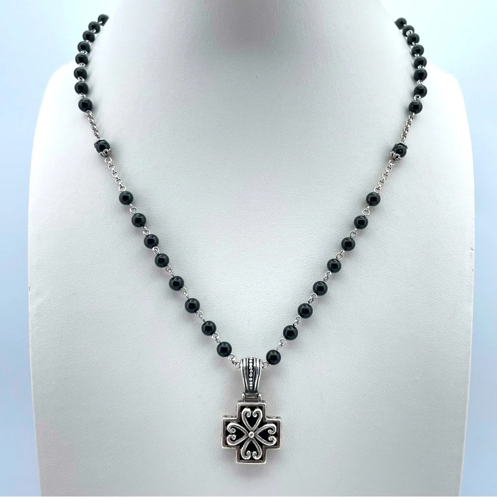 Victorian Gothic Revival 925 Silver Cross Necklace – Black Onyx Beaded Chain